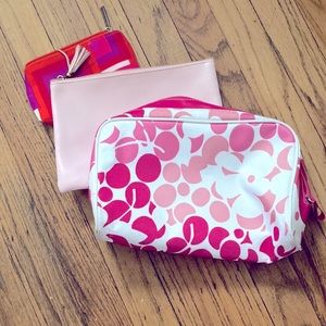 Set of 3 magenta pink & white cosmetic bags